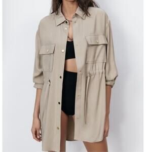 ZARA Women Sand Beige Taupe Adjustable Waist Overshirt Loose Sz XS